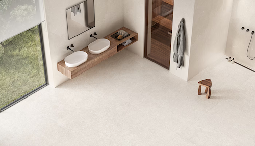 Emil Ceramica Mapierre Noble Blanc – jasna płytka gresowa imitująca kamień w nowoczesnej łazience